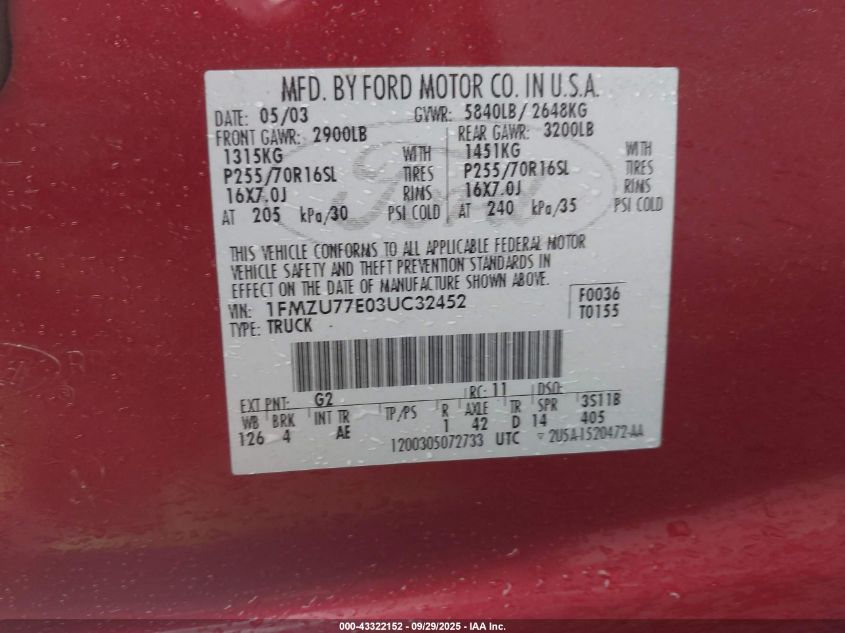 2003 Ford Explorer Sport Trac Xls/Xlt VIN: 1FMZU77E03UC32452 Lot: 43322152