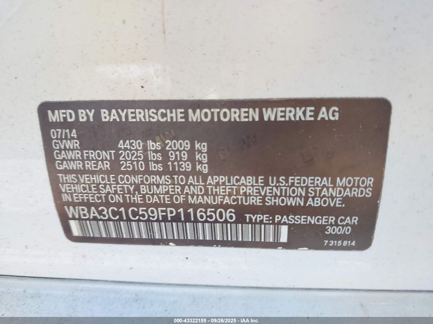 2015 BMW 328I VIN: WBA3C1C59FP116506 Lot: 43322159