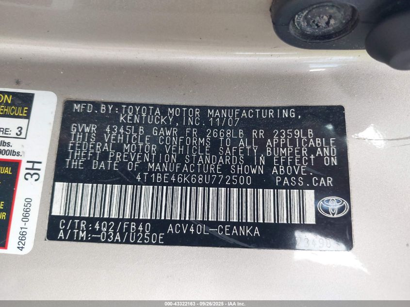 2008 Toyota Camry Le VIN: 4T1BE46K68U772500 Lot: 43322163