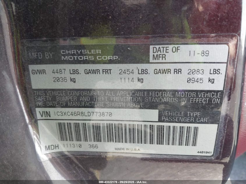 1990 Chrysler Salon VIN: 1C3XC46R8LD773870 Lot: 43322176