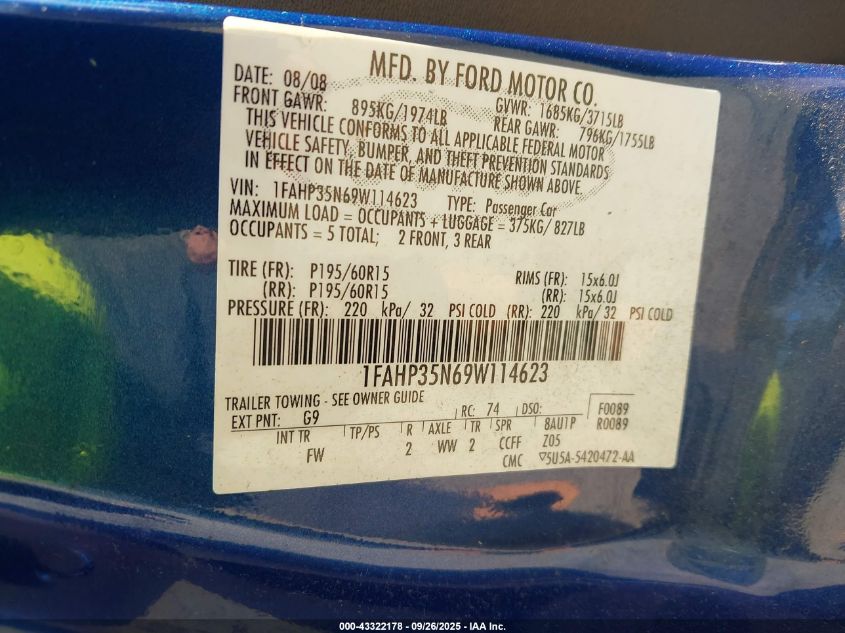 2009 Ford Focus Se VIN: 1FAHP35N69W114623 Lot: 43322178