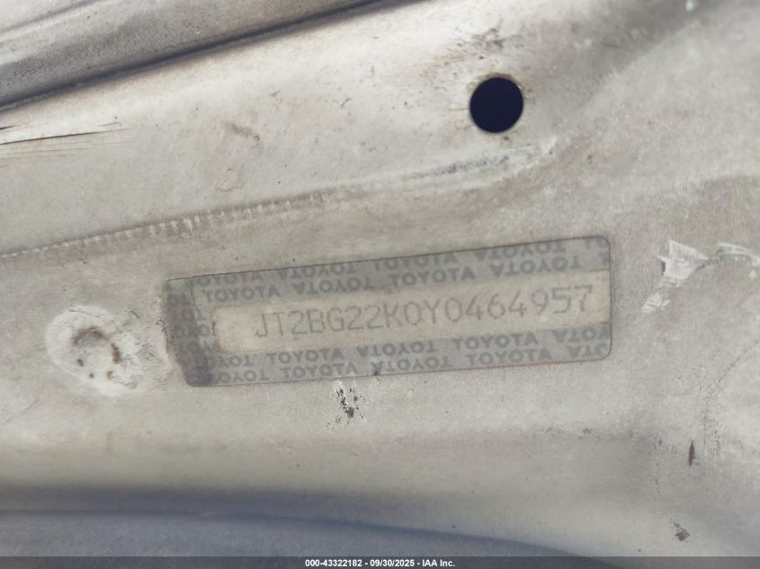 2000 Toyota Camry Le VIN: JT2BG22K0Y0464957 Lot: 43322182