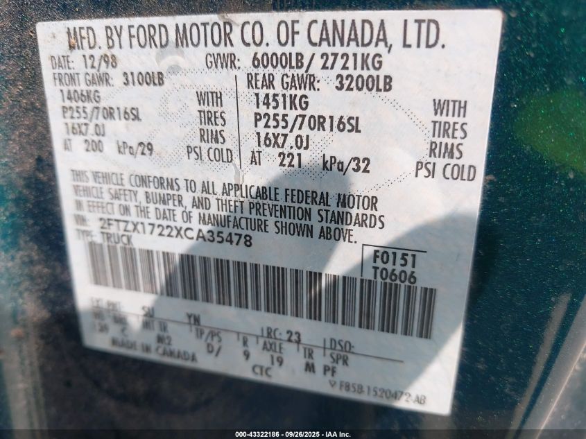 1999 Ford F-150 Work Series/Xl/Xlt VIN: 2FTZX1722XCA35478 Lot: 43322186