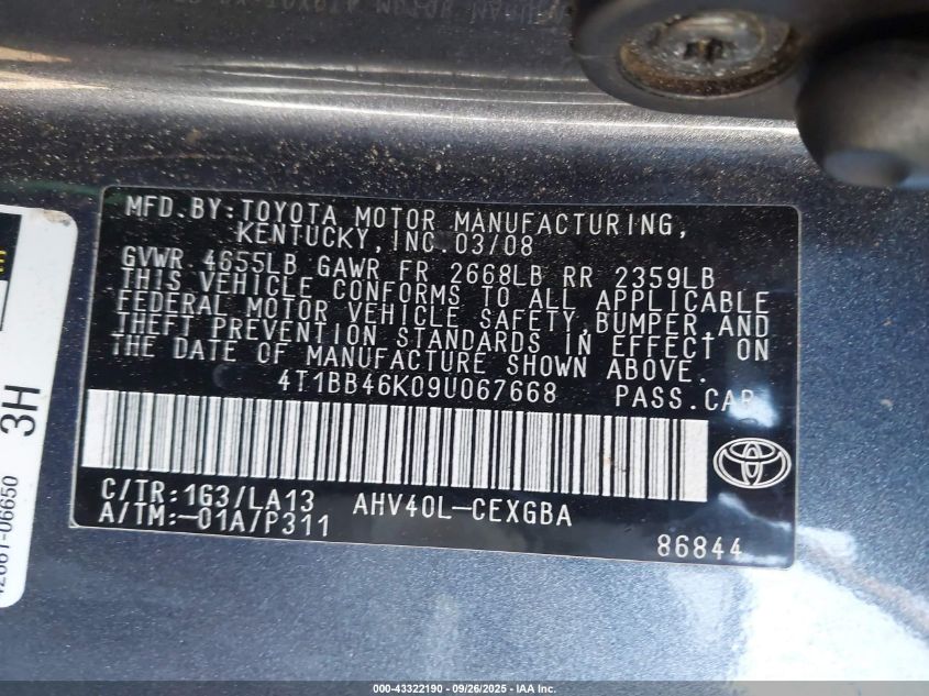 2009 Toyota Camry Hybrid VIN: 4T1BB46K09U067668 Lot: 43322190