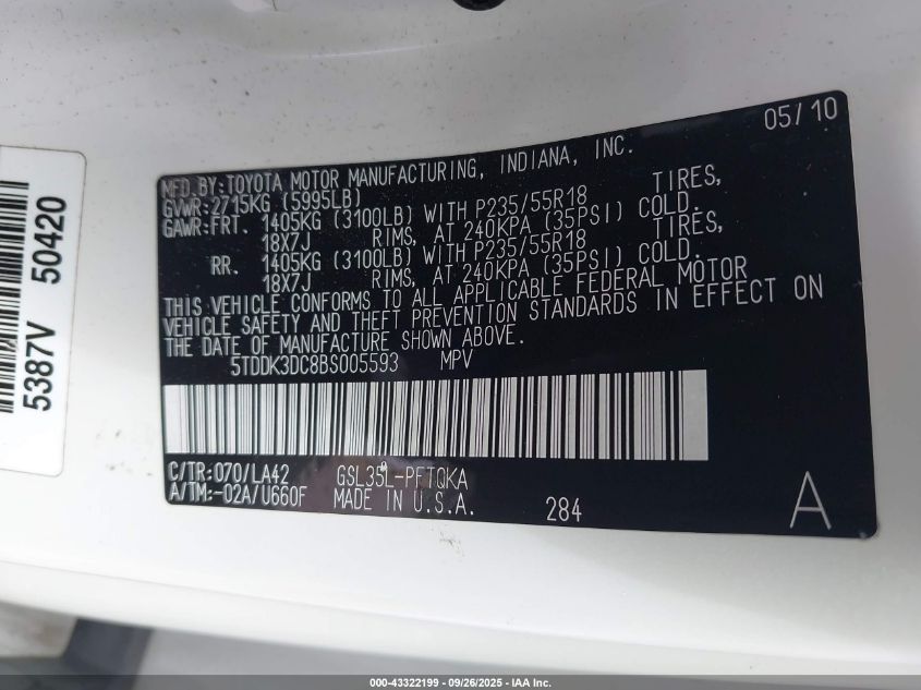 2011 Toyota Sienna Limited VIN: 5TDDK3DC8BS005593 Lot: 43322199