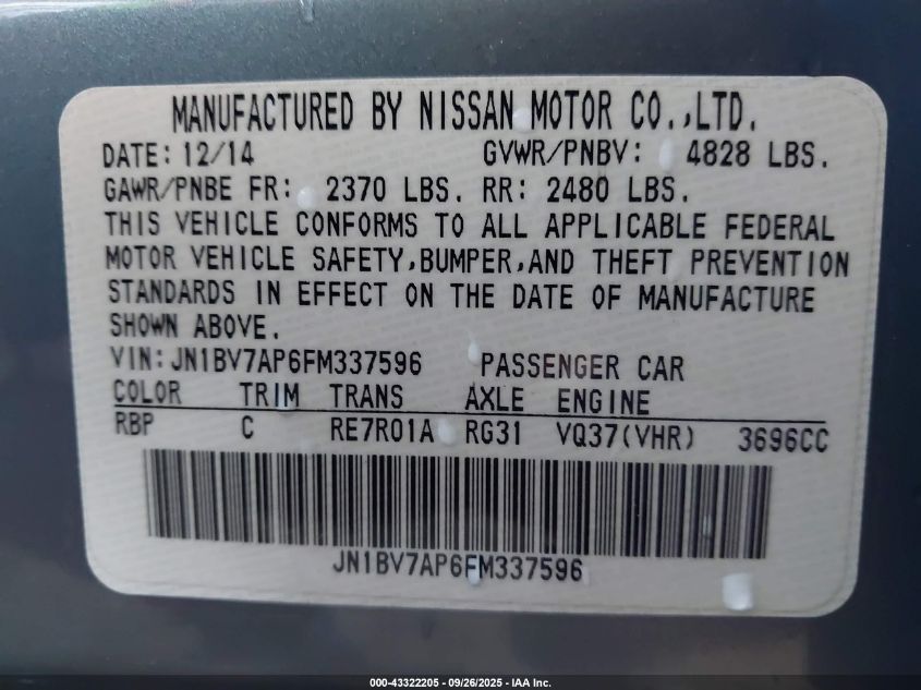 2015 Infiniti Q50 Premium VIN: JN1BV7AP6FM337596 Lot: 43322205