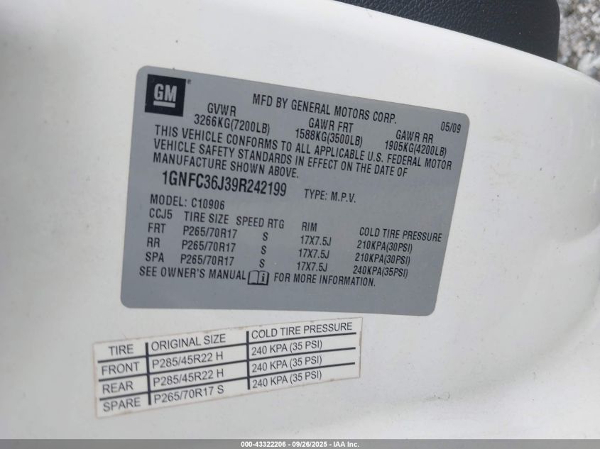 2009 Chevrolet Suburban 1500 Ltz VIN: 1GNFC36J39R242199 Lot: 43322206