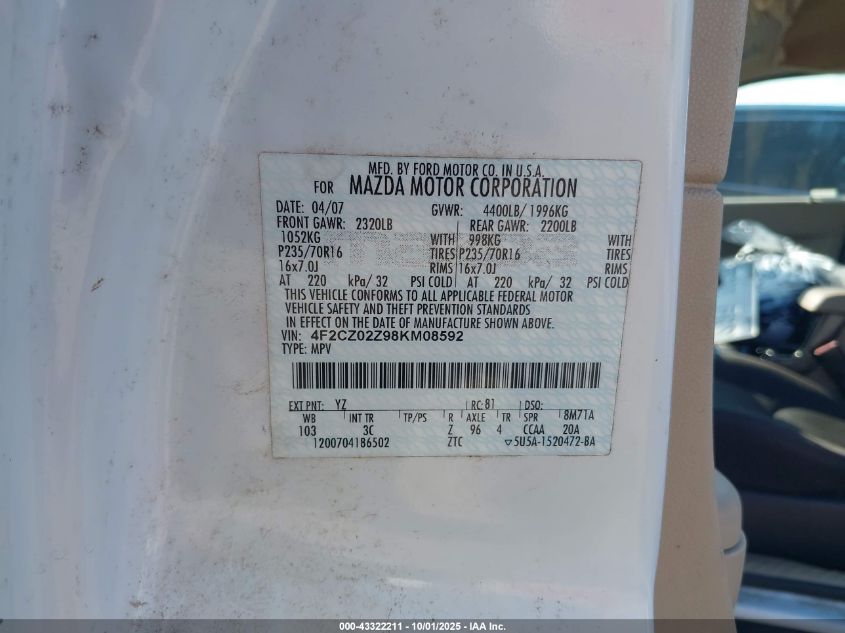 2008 Mazda Tribute I Sport VIN: 4F2CZ02Z98KM08592 Lot: 43322211