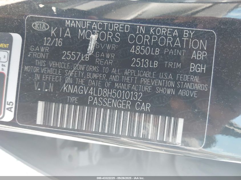 2017 Kia Optima Plug-In Hybrid Ex VIN: KNAGV4LD8H5010132 Lot: 43322229