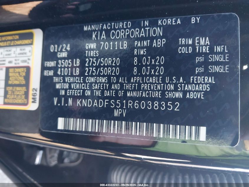 2024 Kia Ev9 Land VIN: KNDADFS51R6038352 Lot: 43322233