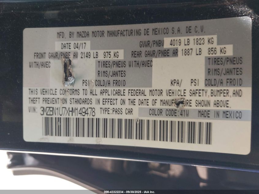 2017 Mazda Mazda3 Sport VIN: 3MZBN1U7XHM149478 Lot: 43322234