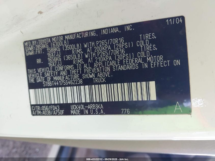 2005 Toyota Tundra Sr5 V8 VIN: 5TBBT44175S462238 Lot: 43322232