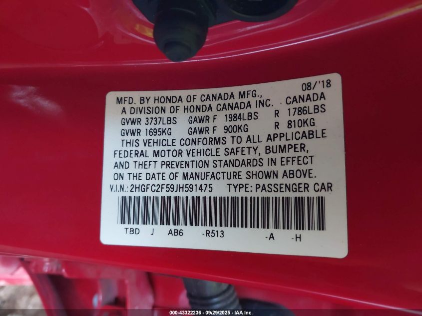 2018 Honda Civic Lx VIN: 2HGFC2F59JH591475 Lot: 43322236