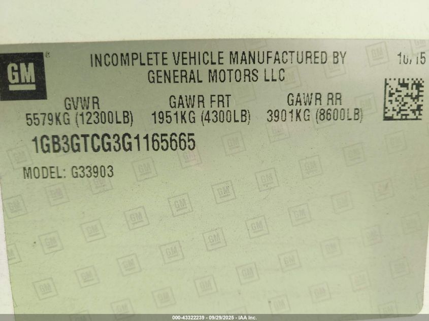 2016 Chevrolet Express Cutaway 3500 VIN: 1GB3GTCG3G1165665 Lot: 43322239