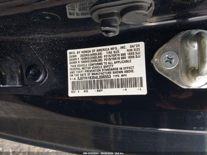 2004 Honda Element Lx VIN: 5J6YH18354L006553 Lot: 43322241