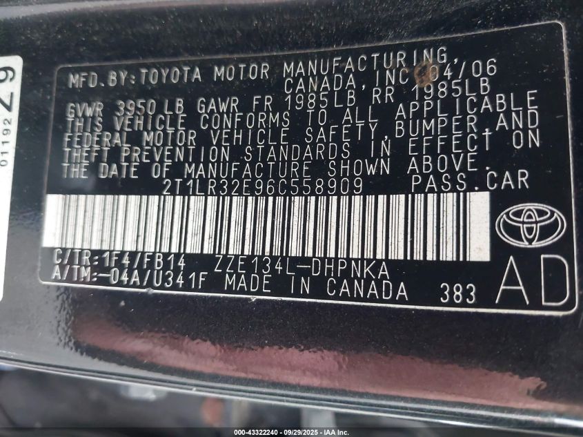 2006 Toyota Matrix Xr VIN: 2T1LR32E96C558909 Lot: 43322240