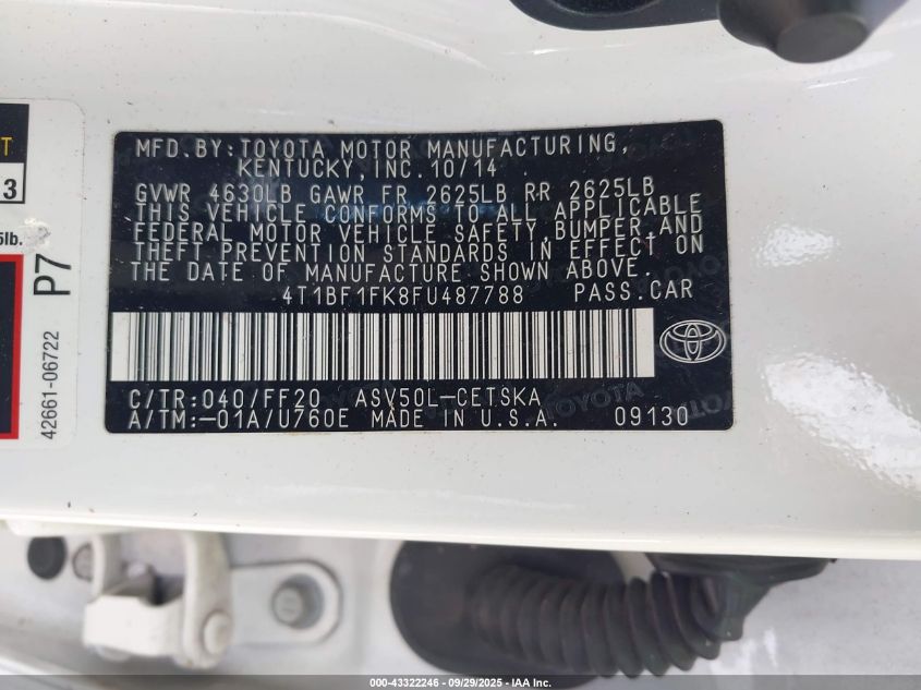 2015 Toyota Camry Se VIN: 4T1BF1FK8FU487788 Lot: 43322246