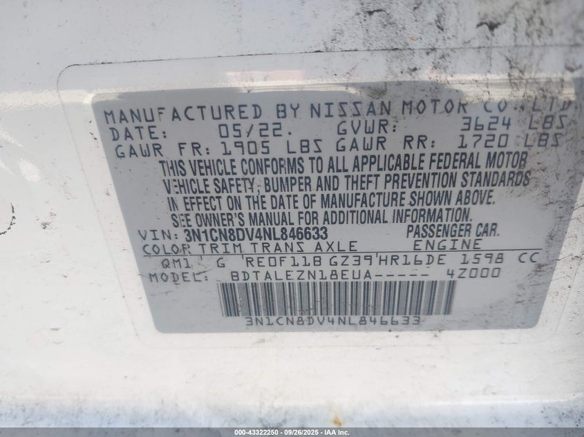 2022 NISSAN VERSA 1.6 S XTRONIC CVT - 3N1CN8DV4NL846633