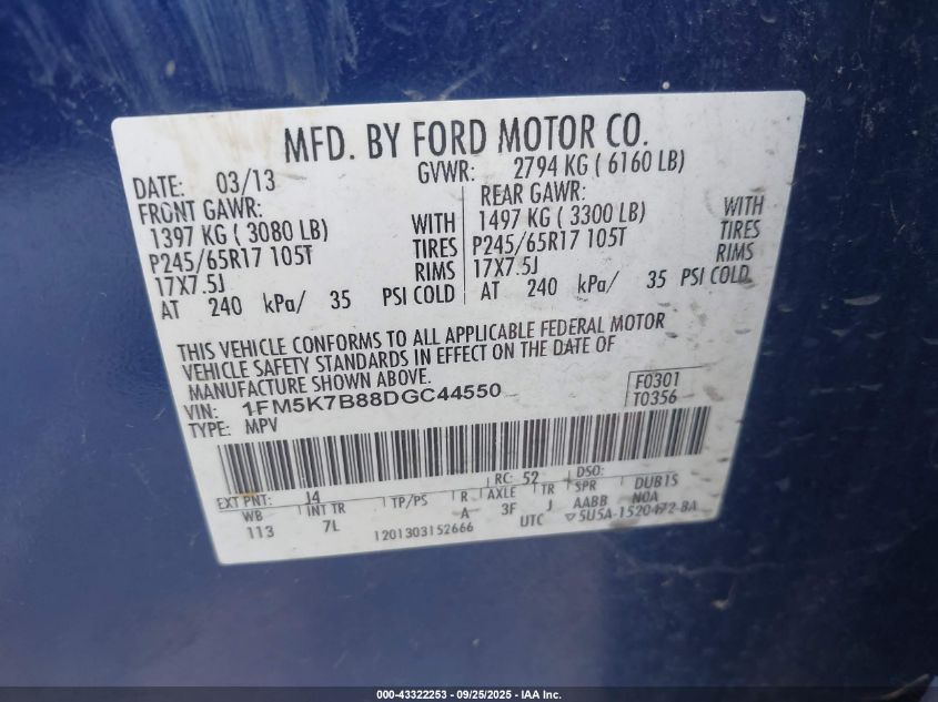 2013 Ford Explorer VIN: 1FM5K7B88DGC44550 Lot: 43322253