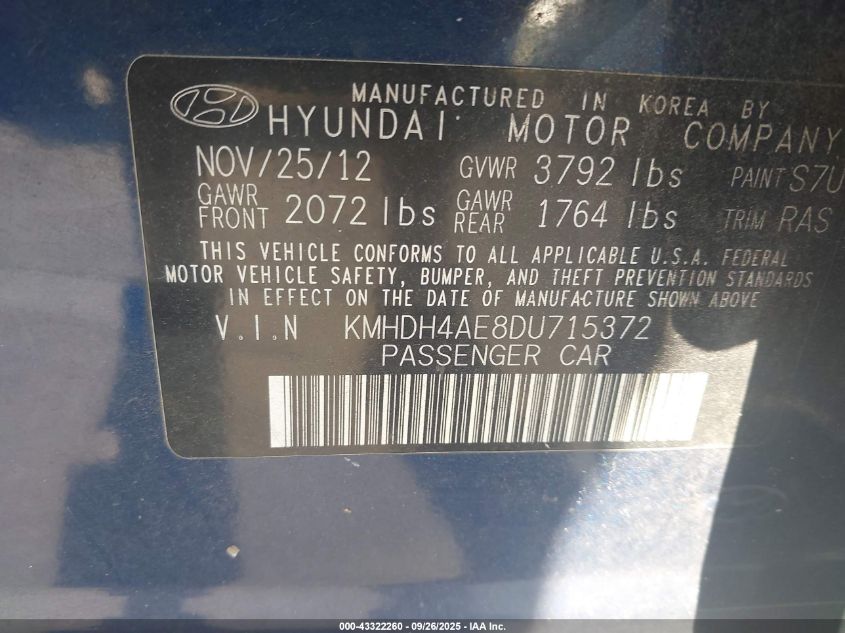 2013 Hyundai Elantra Limited VIN: KMHDH4AE8DU715372 Lot: 43322260