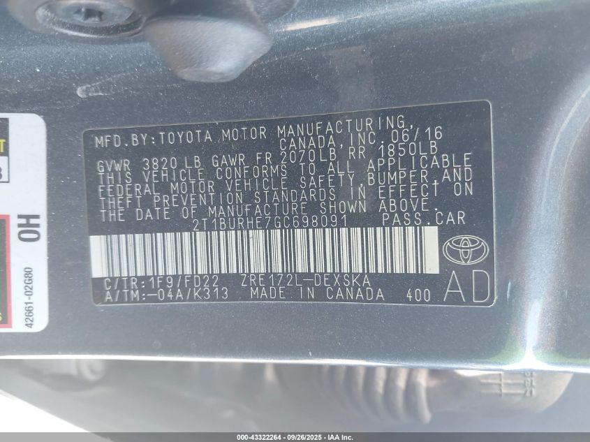 2016 TOYOTA COROLLA S PLUS - 2T1BURHE7GC698091