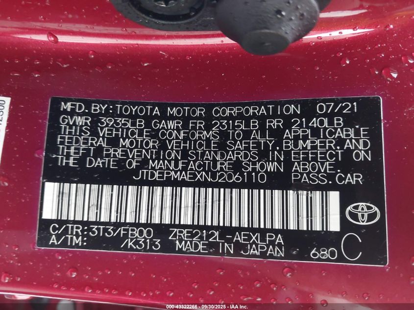 2022 Toyota Corolla Le VIN: JTDEPMAEXNJ206110 Lot: 43322266