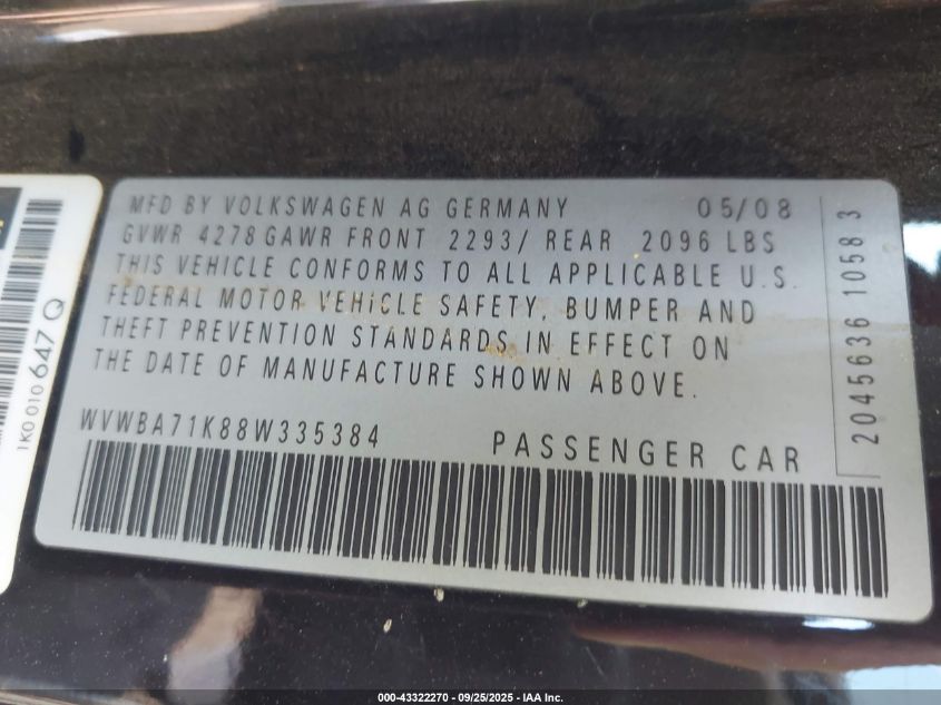 2008 Volkswagen Rabbit S VIN: WVWBA71K88W335384 Lot: 43322270