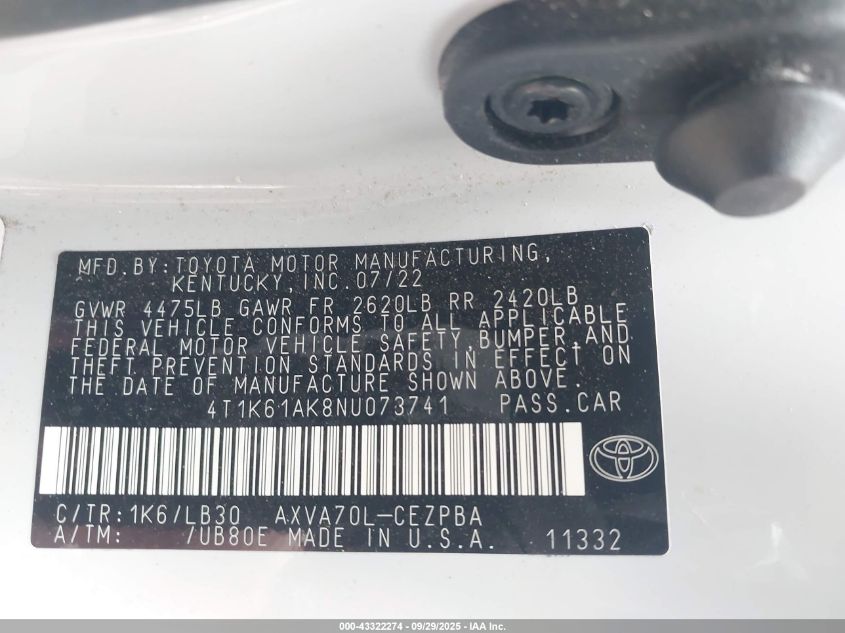 2022 Toyota Camry Xse VIN: 4T1K61AK8NU073741 Lot: 43322274