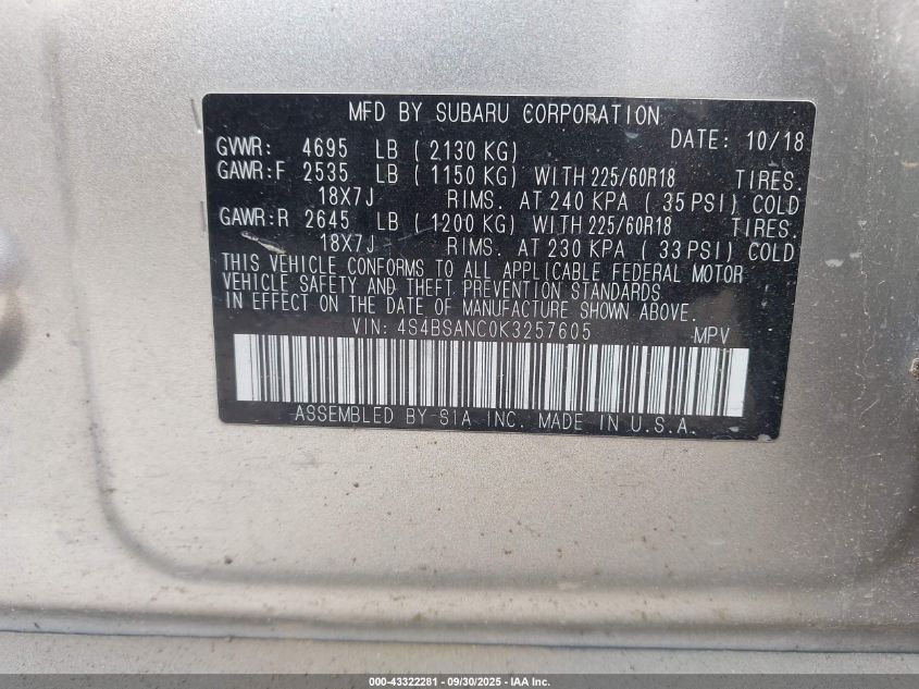 2019 Subaru Outback 2.5I Limited VIN: 4S4BSANC0K3257605 Lot: 43322281