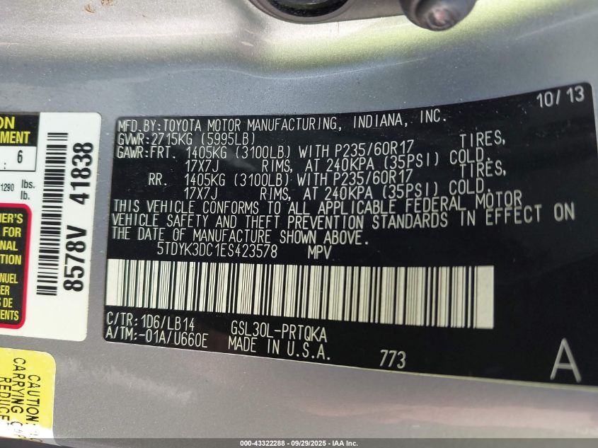 2014 Toyota Sienna Xle V6 8 Passenger VIN: 5TDYK3DC1ES423578 Lot: 43322288