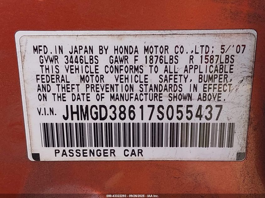 2007 Honda Fit Sport VIN: JHMGD38617S055437 Lot: 43322293
