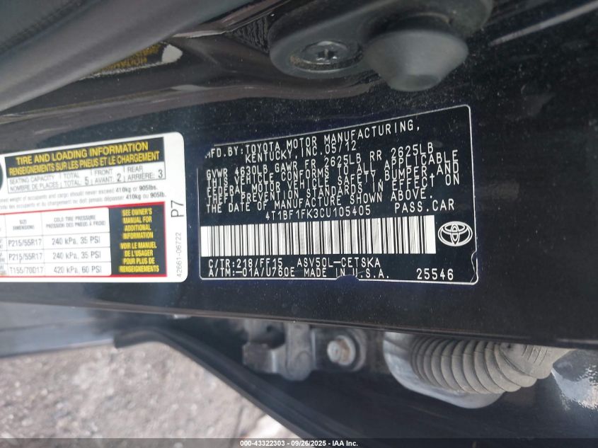 2012 Toyota Camry Se VIN: 4T1BF1FK3CU105405 Lot: 43322303