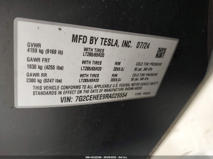 2024 Tesla Cybertruck Cyberbeast VIN: 7G2CEHEE9RA025554 Lot: 43322306