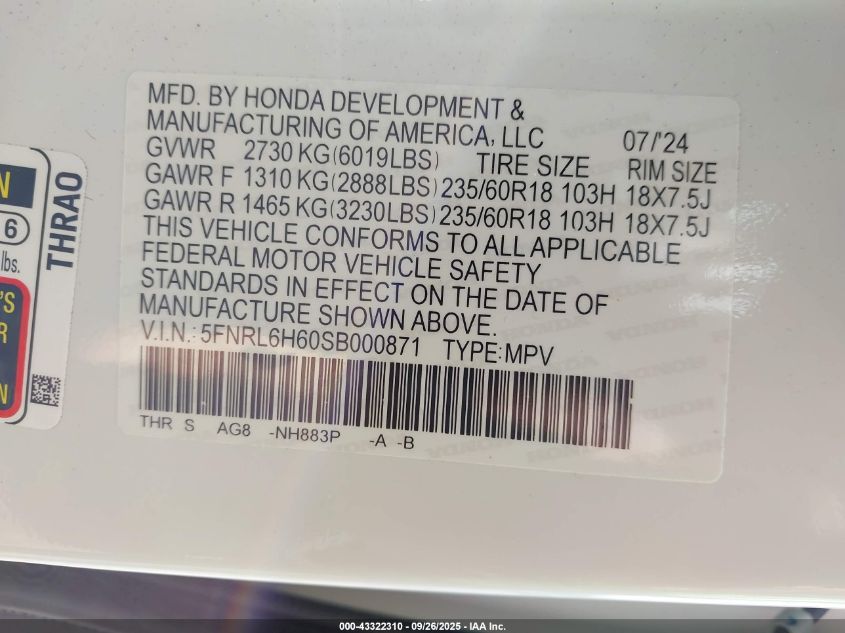 2025 Honda Odyssey Ex-L VIN: 5FNRL6H60SB000871 Lot: 43322310
