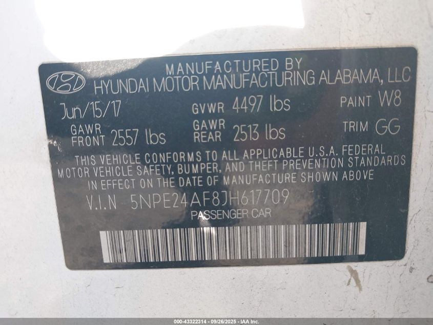 2018 Hyundai Sonata Se VIN: 5NPE24AF8JH617709 Lot: 43322314
