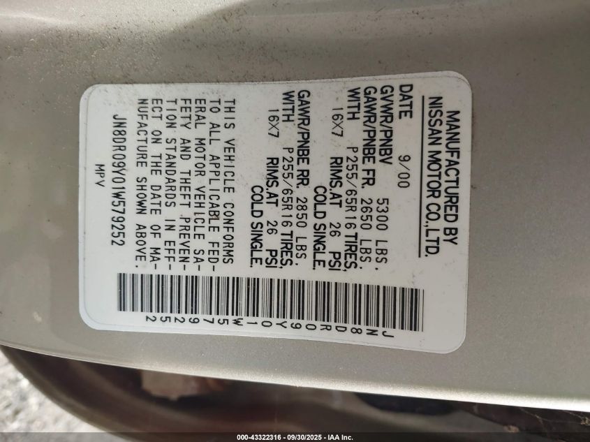 2001 Nissan Pathfinder Le VIN: JN8DR09Y01W579252 Lot: 43322316