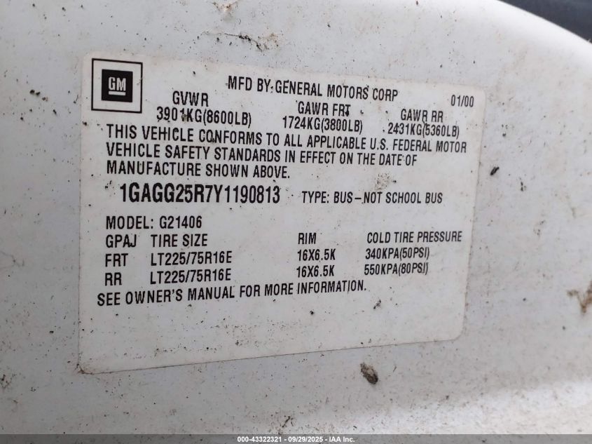 2000 Chevrolet Express VIN: 1GAGG25R7Y1190813 Lot: 43322321