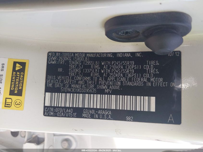 2013 Toyota Highlander Limited V6 VIN: 5TDYK3EHXDS095635 Lot: 43322324