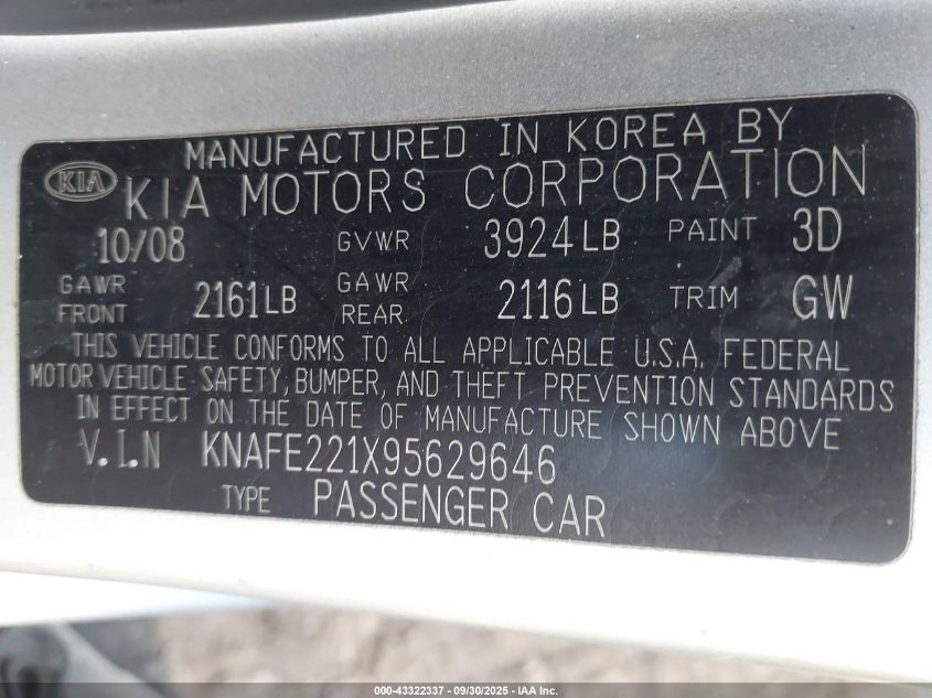 2009 Kia Spectra Ex VIN: KNAFE221X95629646 Lot: 43322337