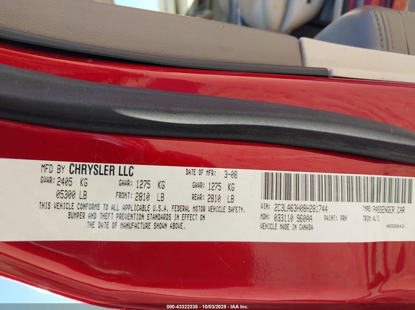 2008 Chrysler 300C Hemi VIN: 2C3LA63H08H281744 Lot: 43322338