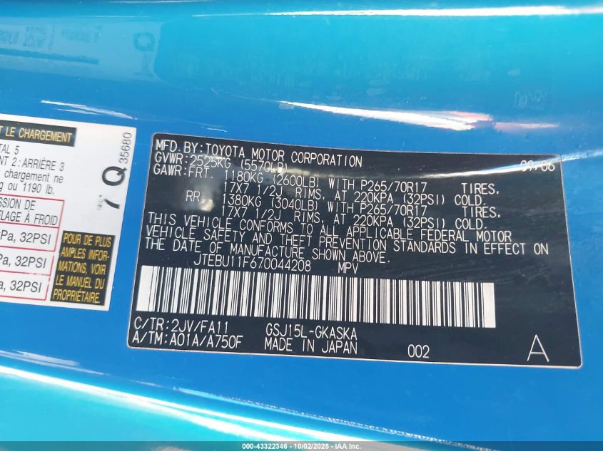 2007 Toyota Fj Cruiser VIN: JTEBU11F670044208 Lot: 43322346