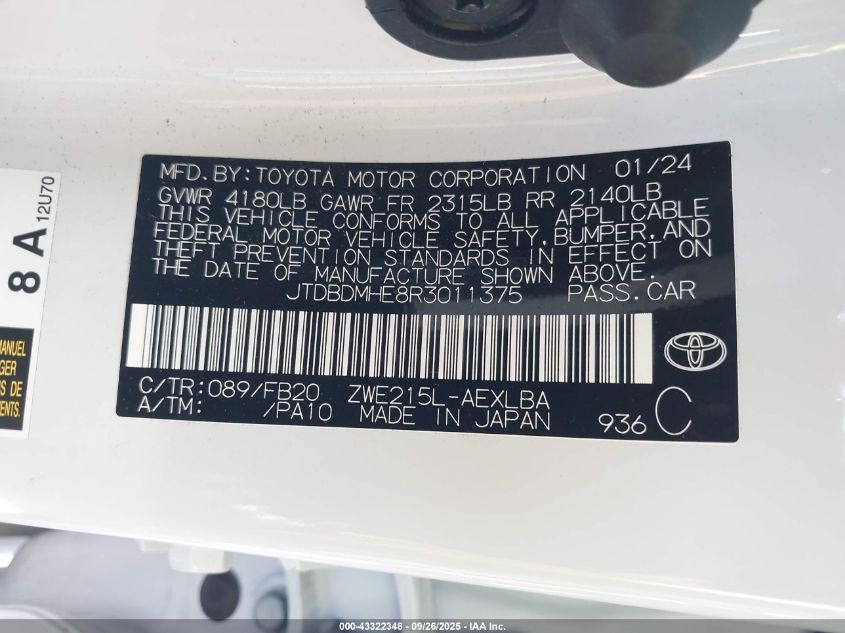 2024 Toyota Corolla Hybrid Le VIN: JTDBDMHE8R3011375 Lot: 43322348