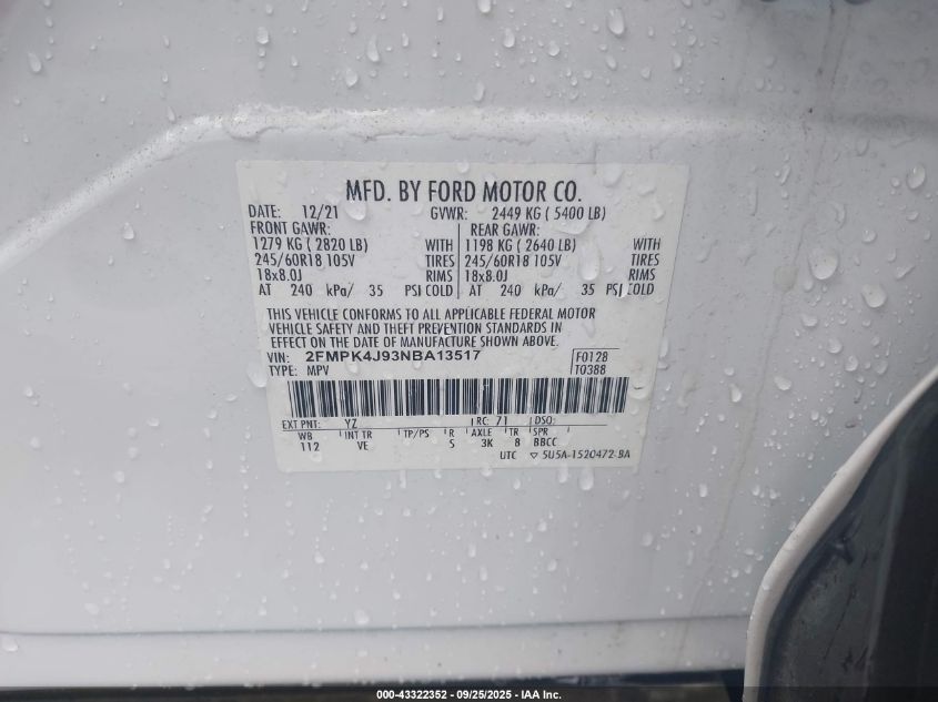 2022 Ford Edge Sel VIN: 2FMPK4J93NBA13517 Lot: 43322352