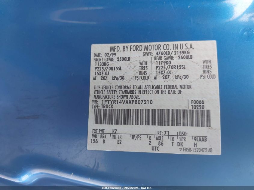 1999 Ford Ranger Xl/Xlt VIN: 1FTYR14VXXPB07210 Lot: 43322358