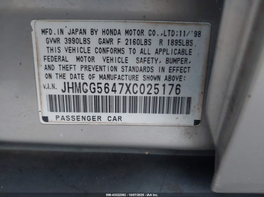 1999 Honda Accord Lx VIN: JHMCG5647XC025176 Lot: 43322362