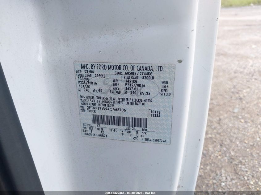 2004 Ford F-150 Heritage Xl/Xlt VIN: 2FTRF17W94CA68706 Lot: 43322365