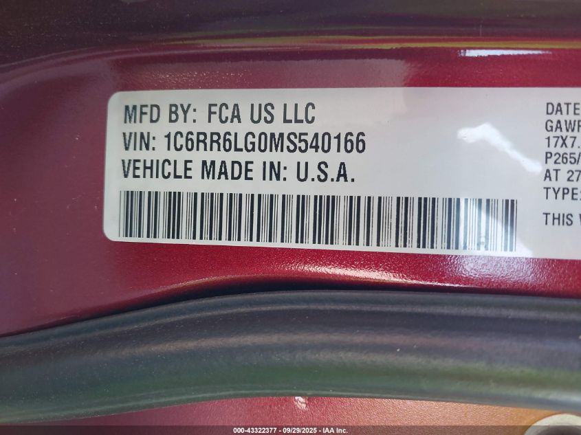 2021 Ram 1500 Classic Slt 4X2 5'7 Box VIN: 1C6RR6LG0MS540166 Lot: 43322377