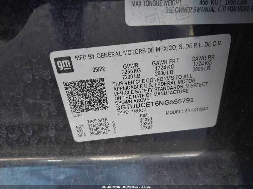 2022 GMC Sierra 1500 4Wd Short Box Elevation With 3Sb VIN: 3GTUUCET6NG555791 Lot: 43322382