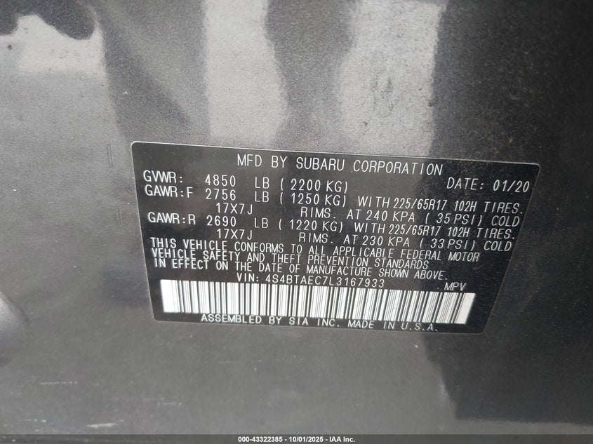 2020 SUBARU OUTBACK PREMIUM - 4S4BTAEC7L3167933