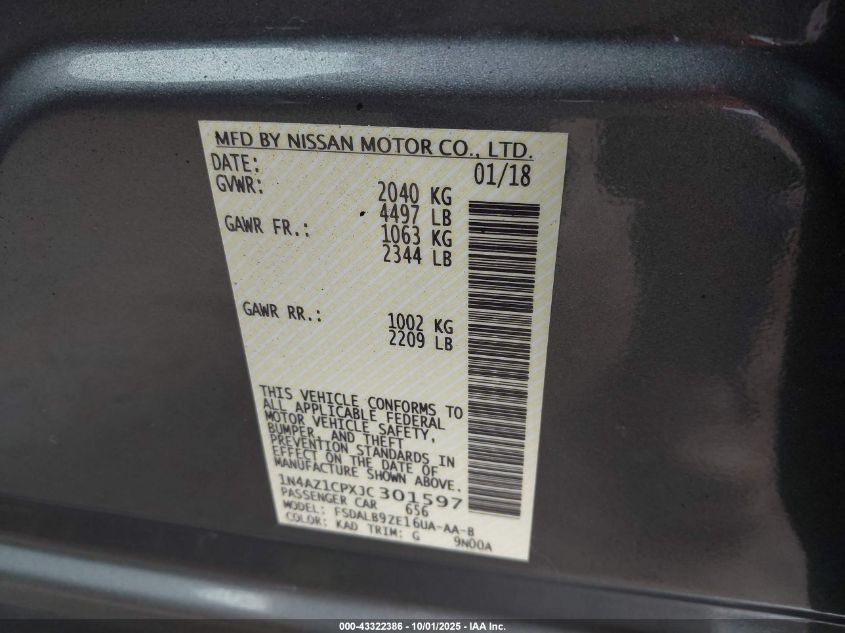 2018 Nissan Leaf S VIN: 1N4AZ1CPXJC301597 Lot: 43322386